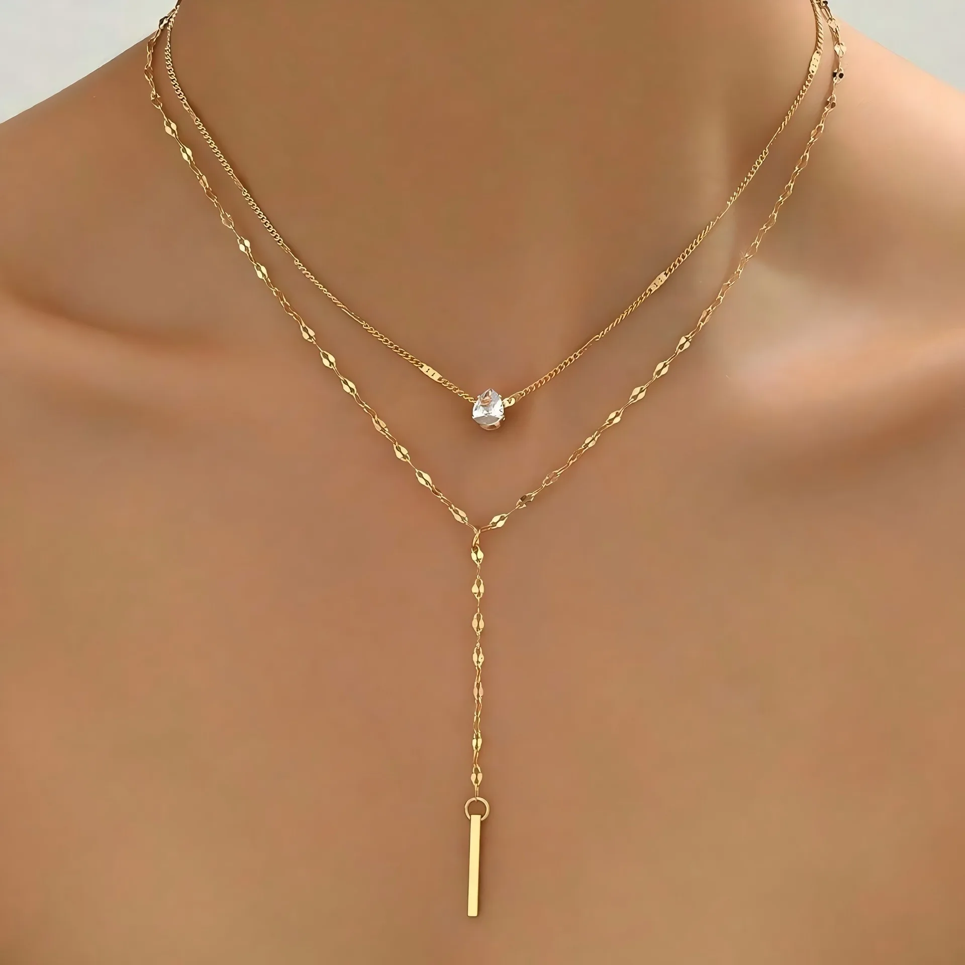 Y-Shaped Geometric Pendant Necklace with Water-Drop Accents • Electroplated Alloy Clavicle Chain • Lightweight Multi-Layer Desig