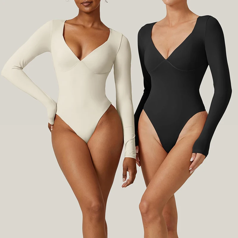 

Women's Long Sleeve Bodysuit V Neck Stretchy Sexy Unitard Jumpsuit Going Out Tops Shirt