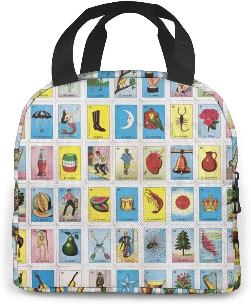 Colorful Mexican Loteria Cards Lunch Bag for Women Girls Kids Insulated Picnic Pouch Thermal Cooler Tote Bento Cute Bag