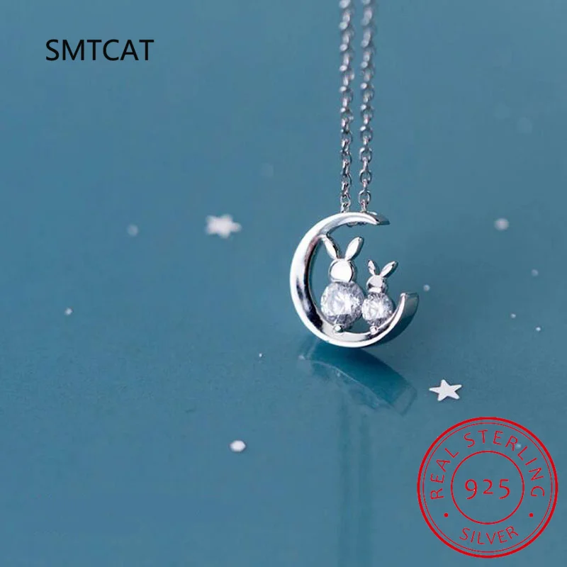 925 Sterling Silver Crescent Moon Pendant Necklace Cute Rabbit Neck Chain for Women Birthday Gift Gemstone Fine Jewelry BSN302