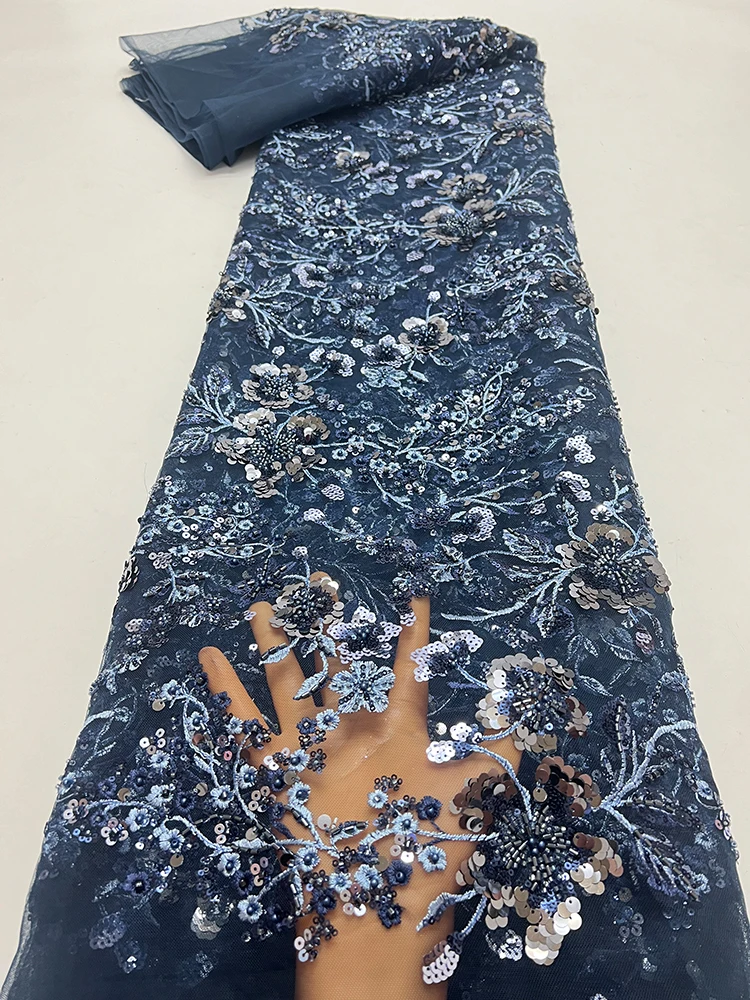 

Ткань из тюля глубокого синего цвета с вышивкой, бисером, цветочными аппликациями и пайетками для свадебных платьев и рукоделия