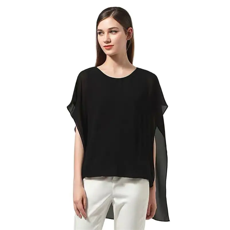 

Fashion Women Solid Chiffon Tops Casual Shirts Shawl Cape-Style Blouse Black Blue Red blusas mujer de moda 2024