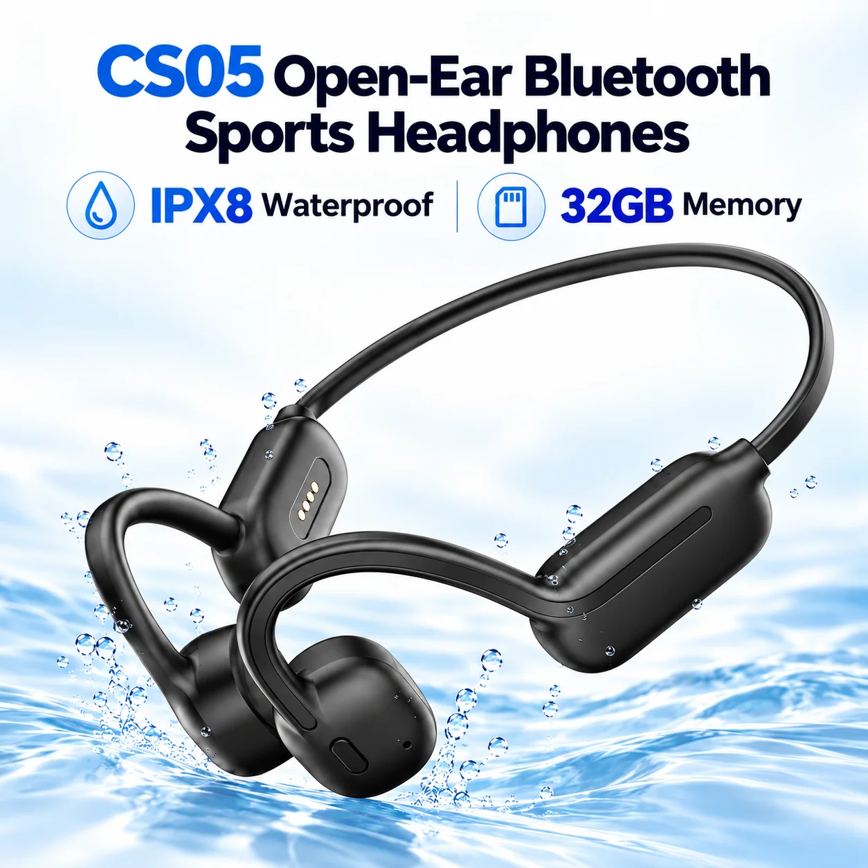 CS05 Pro Bone Conduction Earphones 32G IPX8 Waterproof Open-Ear Sports Headphones for Swimming Running Cycling Hanging Headset