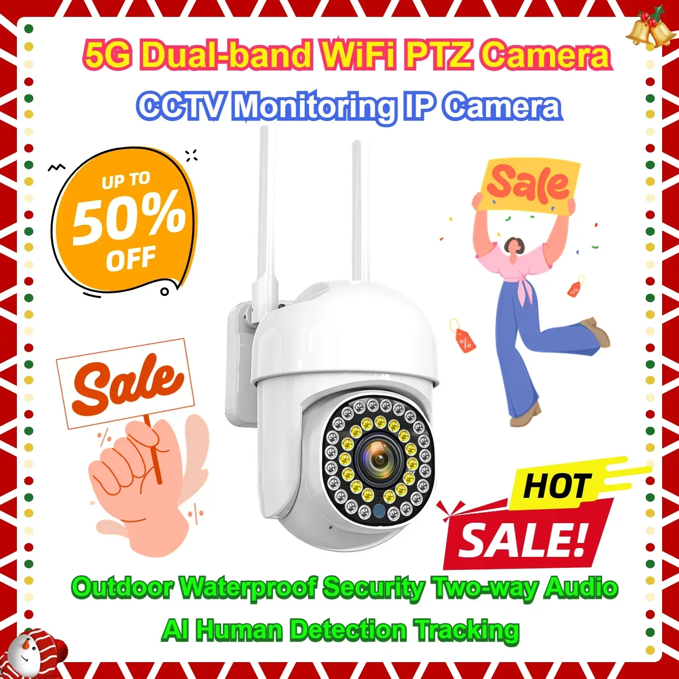 

Outdoor Waterproof Security Two-way Audio AI Human Detection Tracking CCTV Monitoring IP Camera 5G Dual-band WiFi PTZ Camera