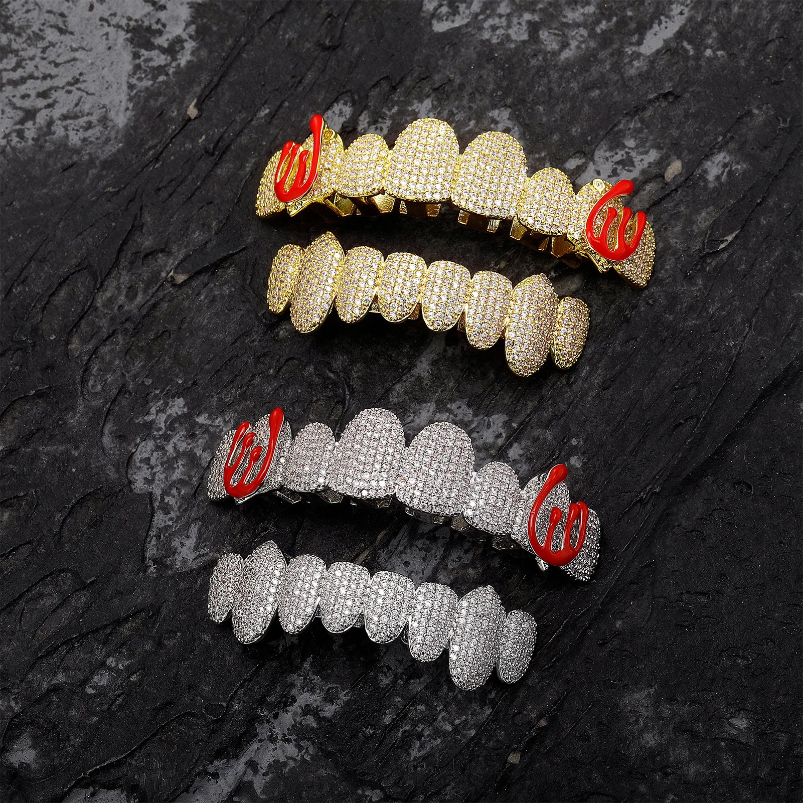 Hip Hop Iced Out Micro Paved CZ Teeth Grillz Set High Quality AAA+ Cubic Zircon Top Bottom Grills Rapper Dental Jewelry