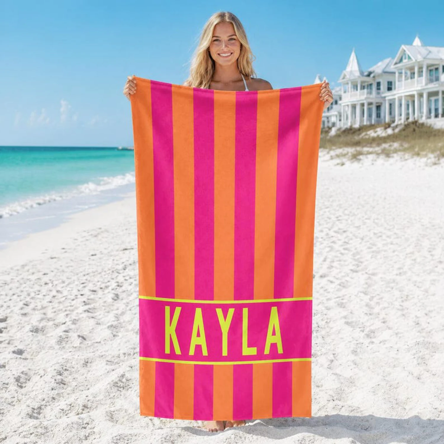 Personalized Striped Beach Towel Custom Name/Logo Microfiber Towel Thin Quick Dry Absorbent for Beach Swimming Yoga Bath Sports