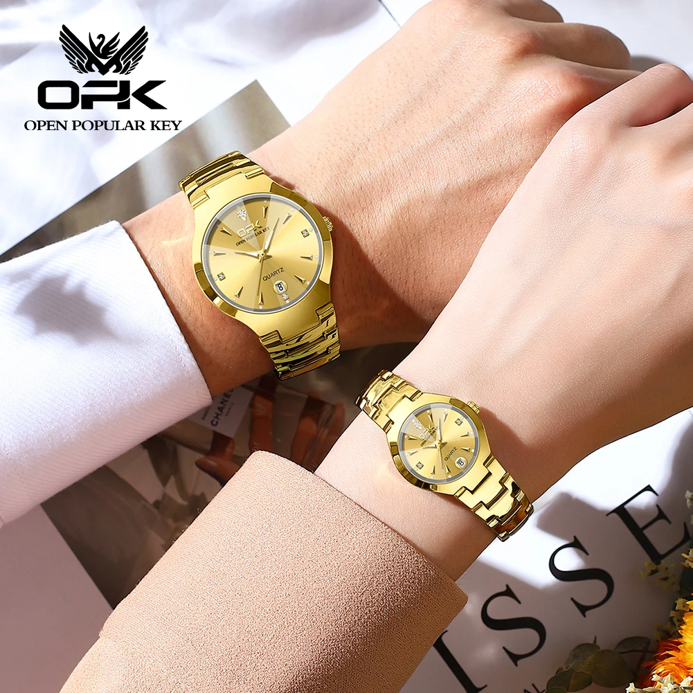 OPK Gold Couple Watch Pair for Men Women Stainless Steel Strap Waterproof Luminous Calendar Wrist watch for Couple