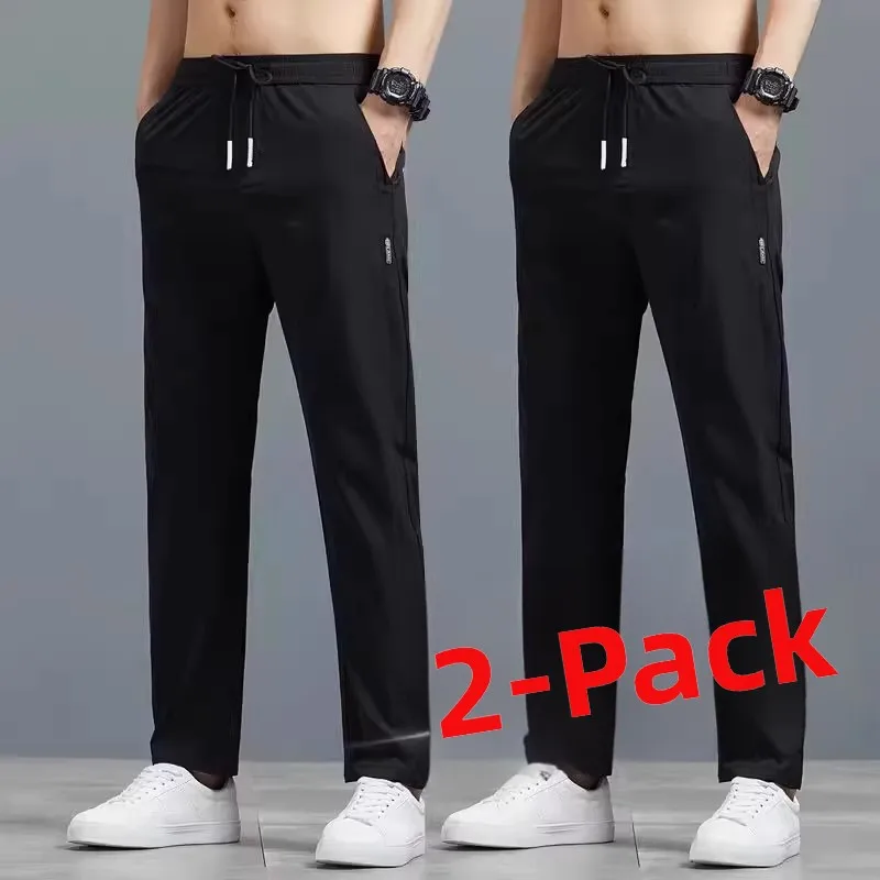 

Trendy Summer Ice Silk Thin Casual Pants Men's Loose Fit Wear Resistant Elastic Qui Dry Straight Leg Pants Youth Sle