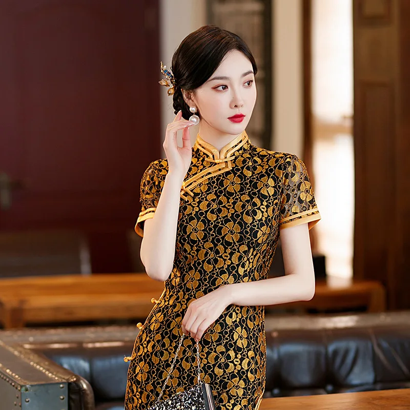 Yourqipao Yellow Sexy Cheongsam Lace Hollow Short-sleeved Stand Collar Qipao Chinese Style Evening Dress Tang Suit for Women