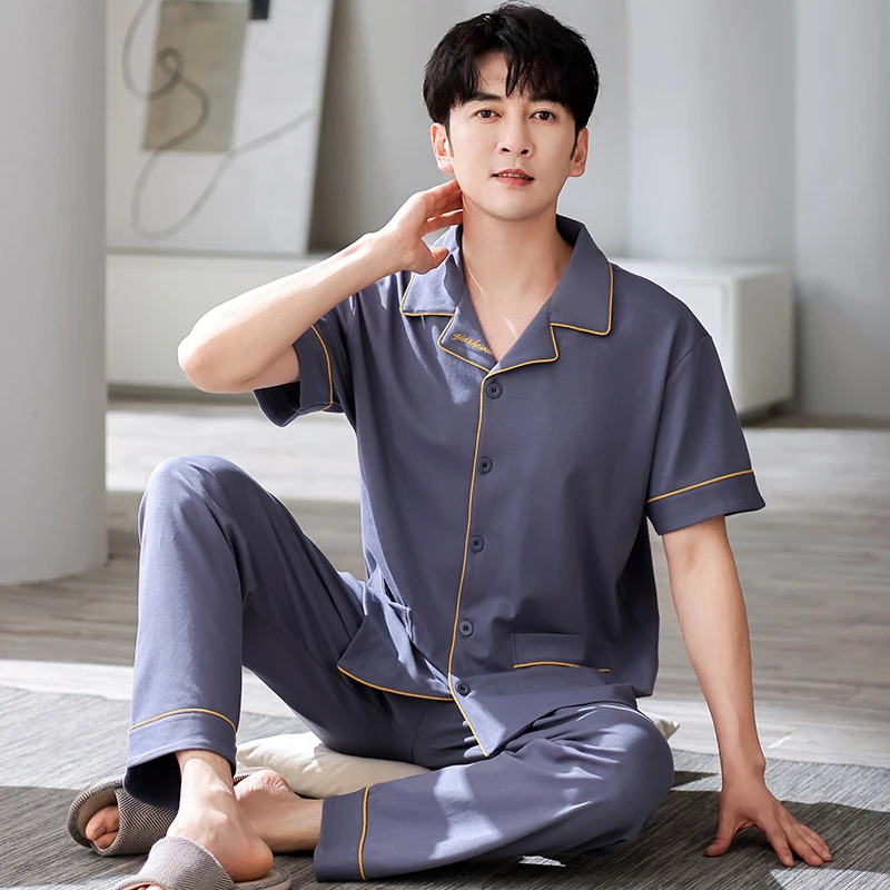 Long Pant & Short Sleeves Sleeping Top Cotton Sleepwear for Men 2024 Summer Spring Cardigan Home Clothes Male Big Size L-4XL