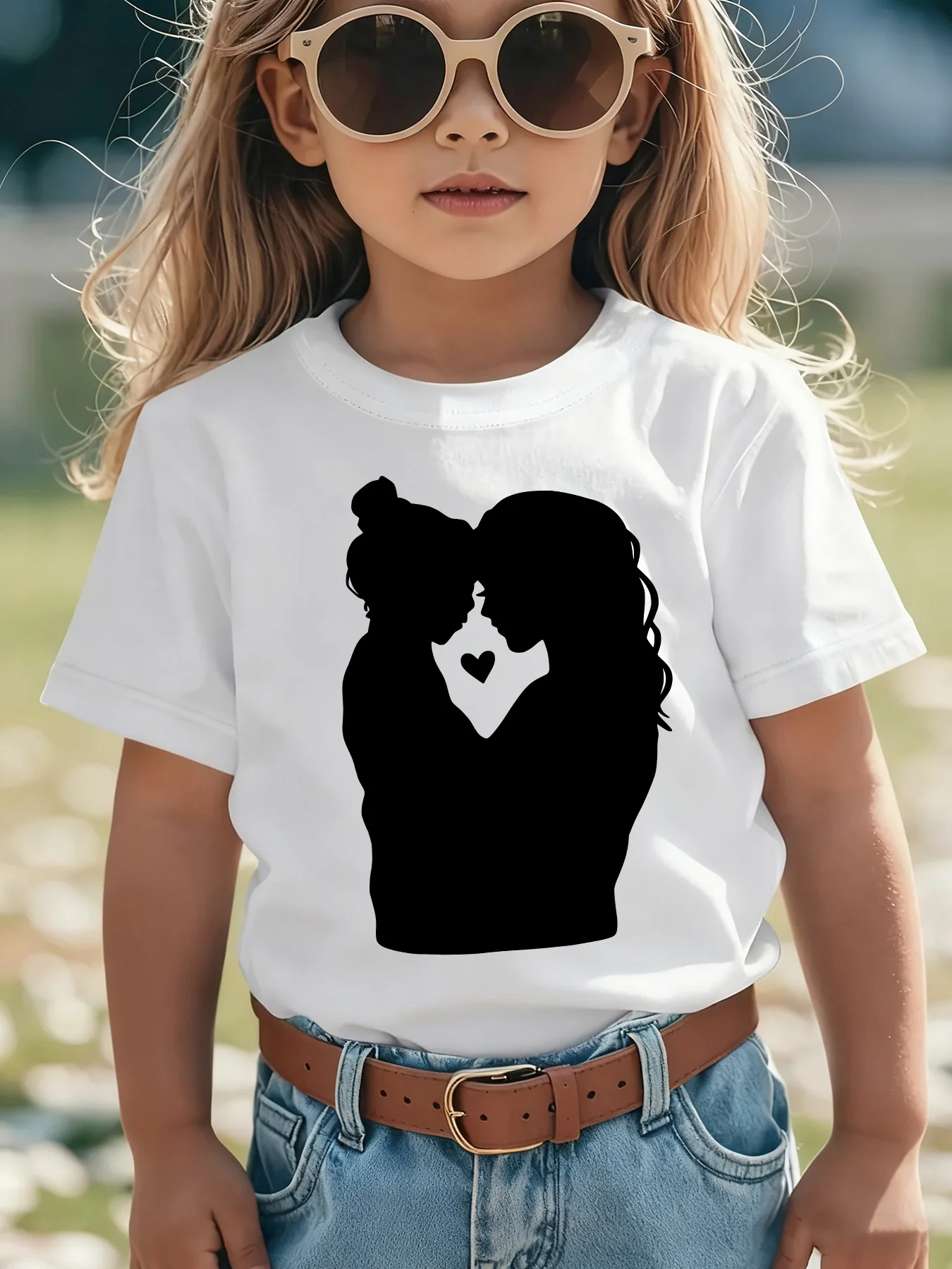 Mother Daughter Silhouette Heart Simple Black Print Boys Girls Family Soft Kids Parent Short Sleeve Daily Casual Comfort T Shirt