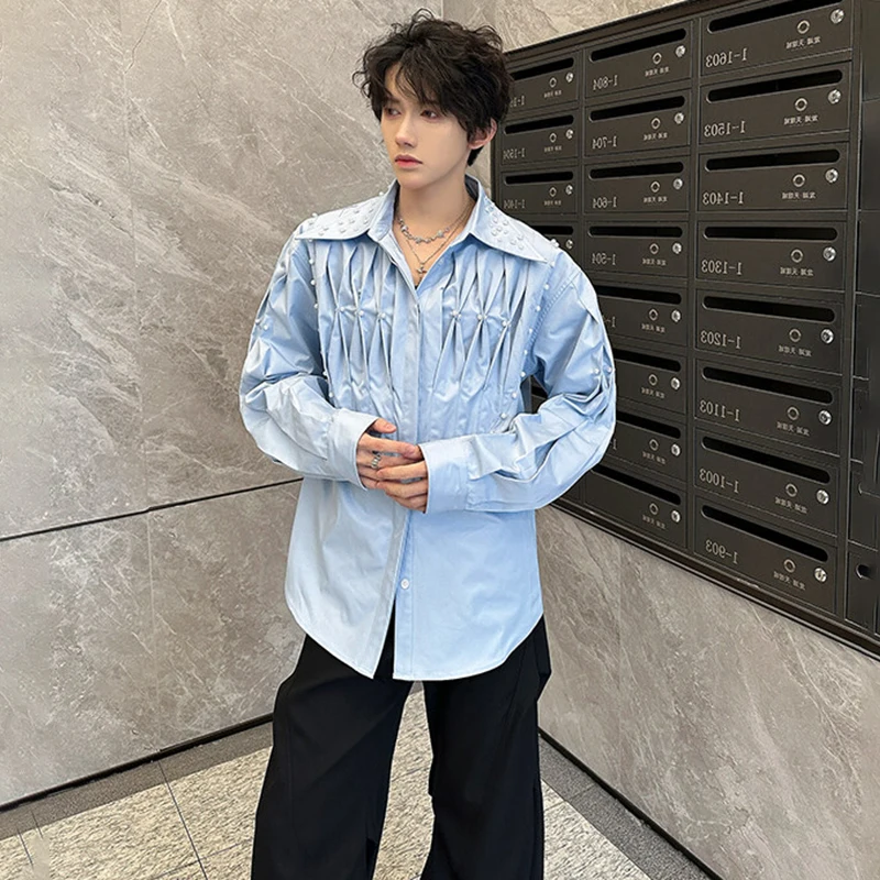 LUZHEN Design Luxury Elegant Pleated 2025 Pearl Decorate New Long Sleeve Shirts Men's Fashion Handsome Casual Male Tops JY6034