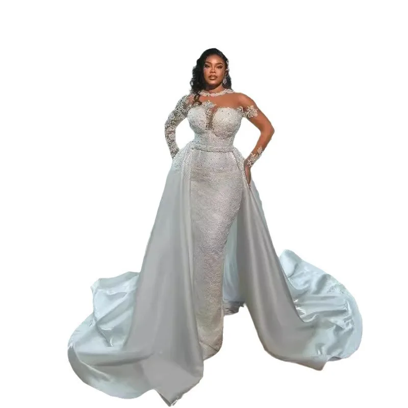 New Satin Bridal Wedding Dress, Beaded Long Sleeve White Lace Wedding Gown, Detachable Train Wedding Dress for Women