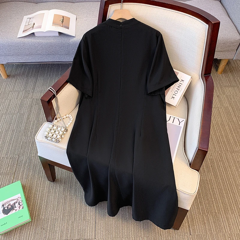 Plus size women's summer casual dress Chinese style modified cheongsam tray buckle decoration slit hem black polyester fabric