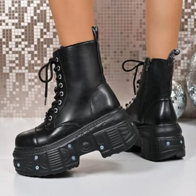 2026 New Goth Punk Women Platform Ankle Boots Female Rock Round Toe Lace Up Fashion Retro Chunky Shoes Metal Decor Short Booties view 6