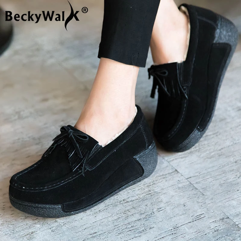 

BeckyWalk зимняя женская обувь на платформе из натуральной кожи, теплые плюшевые туфли на танкетке, женская удобная повседневная женская обувь на шнуровке WSH2712