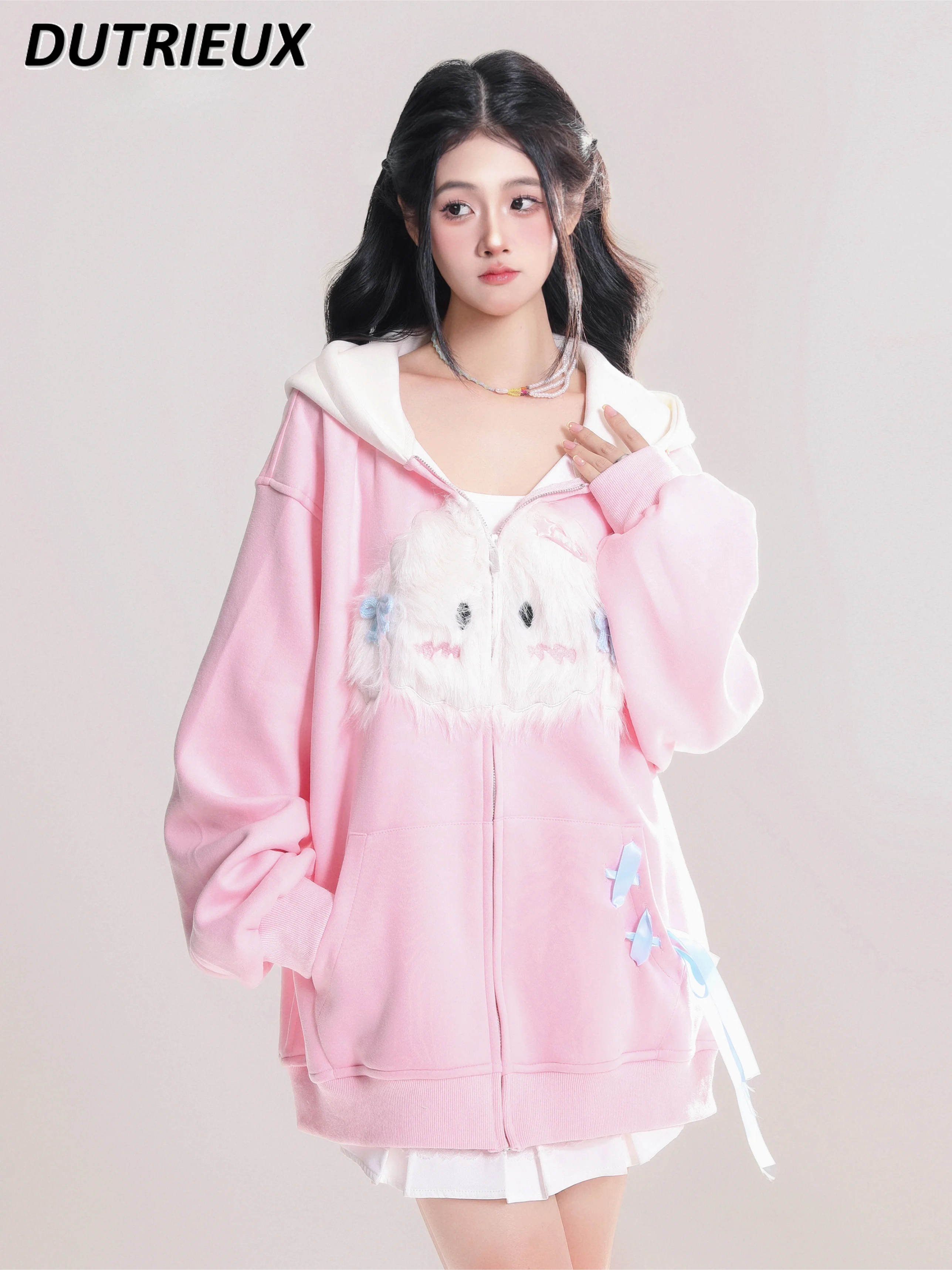 Spring and Autumn New Bow Lace-up Long Sleeve Hooded Sweatshirt Sweet Girl All-Matching Pink Loose Zipper Cardigan Coat