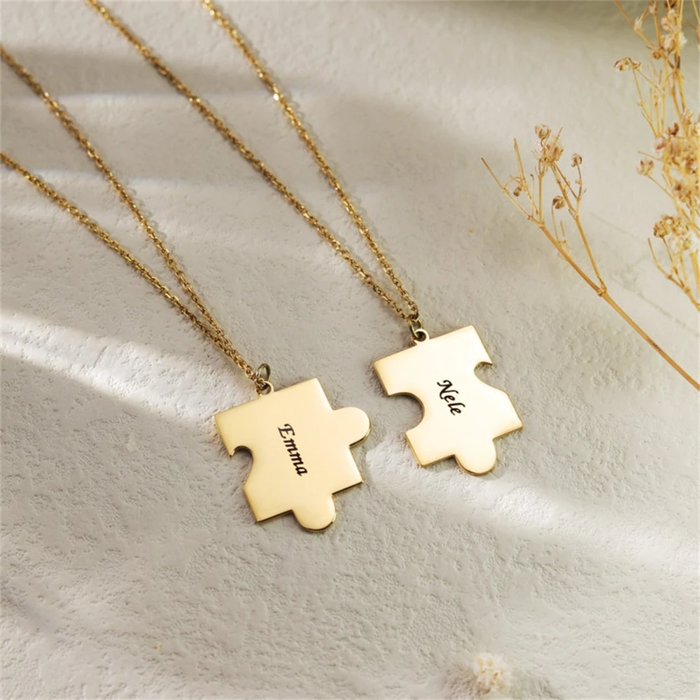 2pcs Friendship Bijoux Custom 2 Puzzles Pendant Necklace Sets Personalized BFF Stainless Steel Jewelry Clavicle Chain Gift