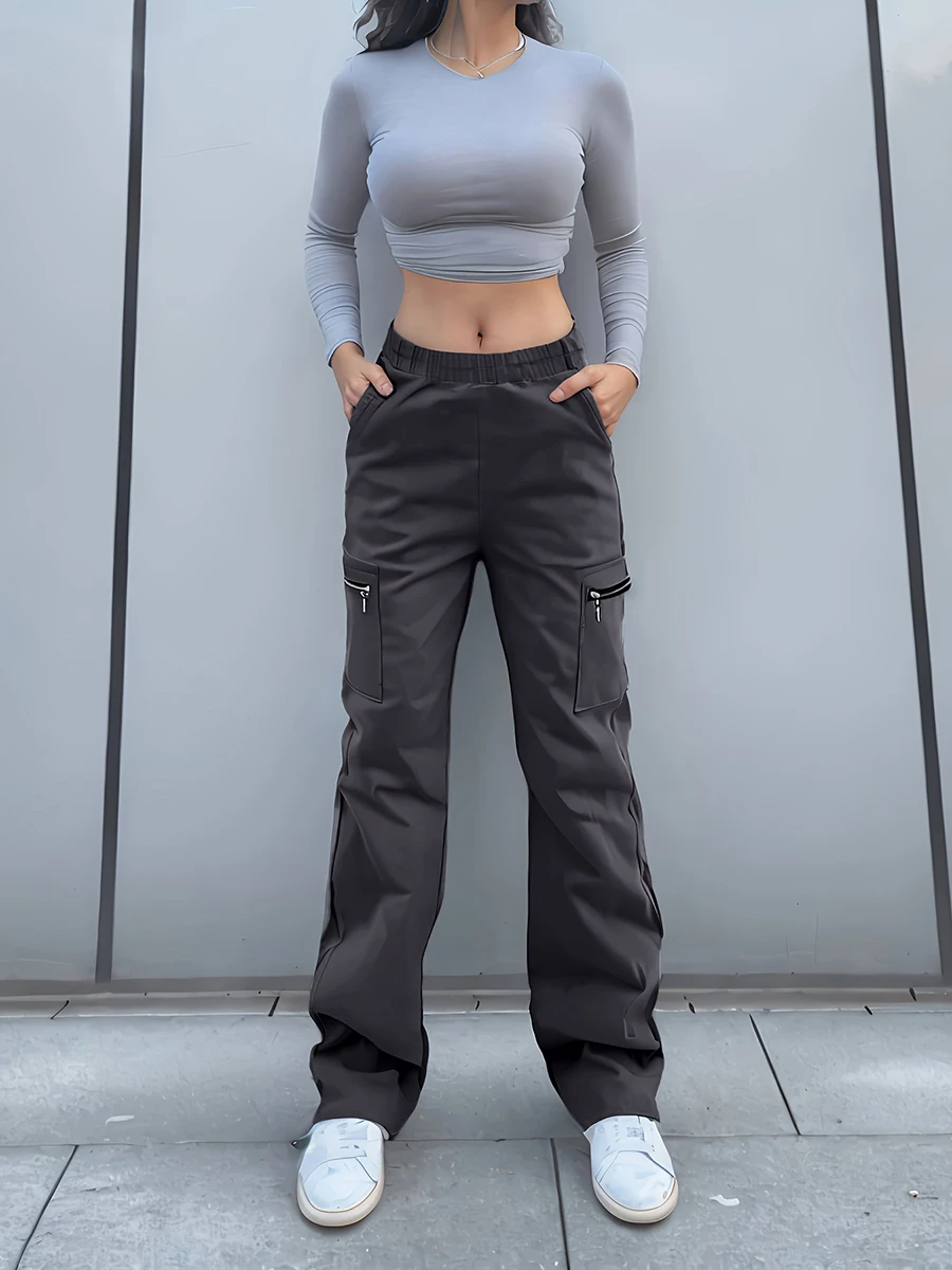 Women's High Waist Cargo Pants Streetwear Loose Straight Leg Trousers with Multi Pockets and Zipper Detail Elastic Waistband