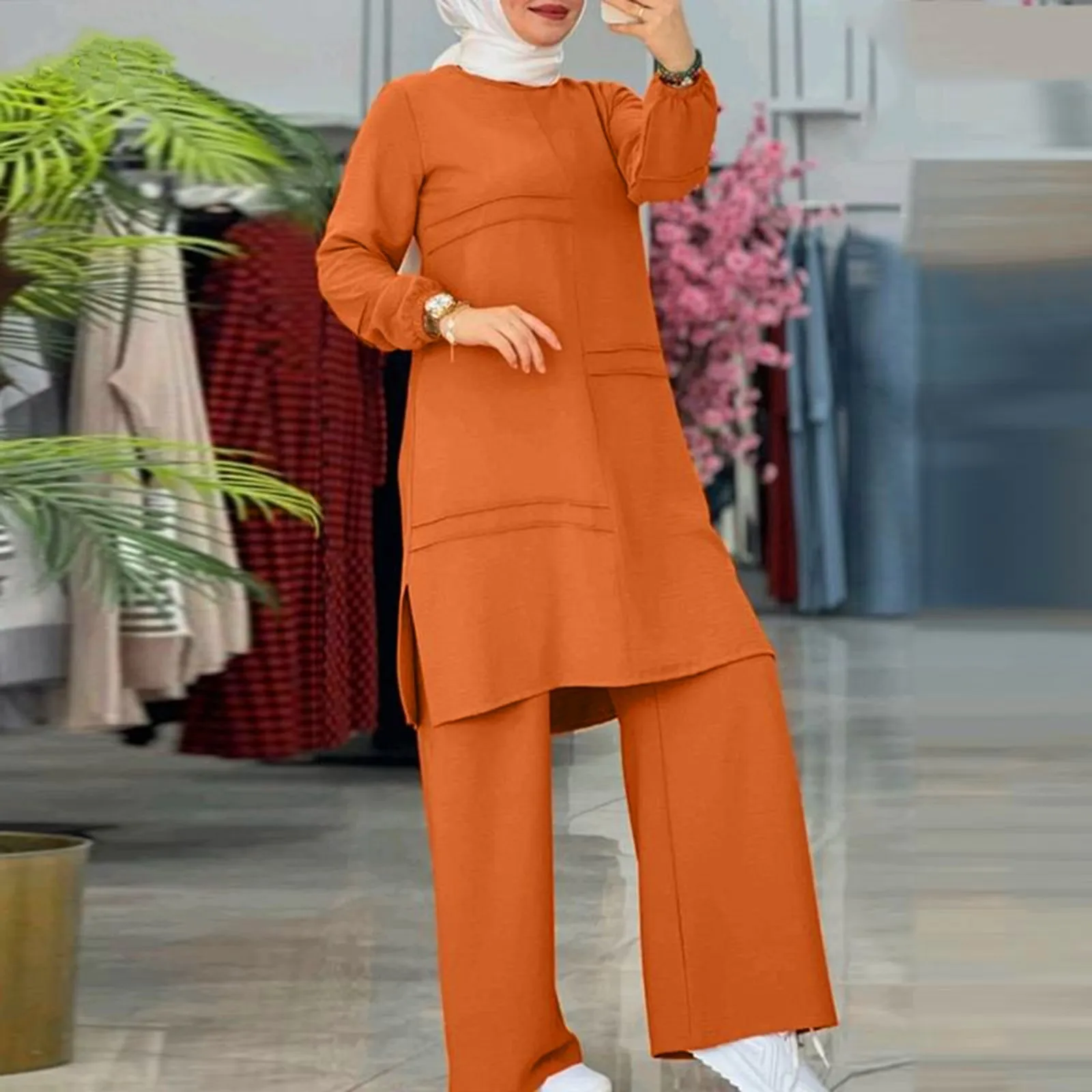 Women Sets Fashion Muslim Sets Two Pieces Suits Islamic Clothing Long Shirts Pullover Tops With Straight Pants Loose Trousers