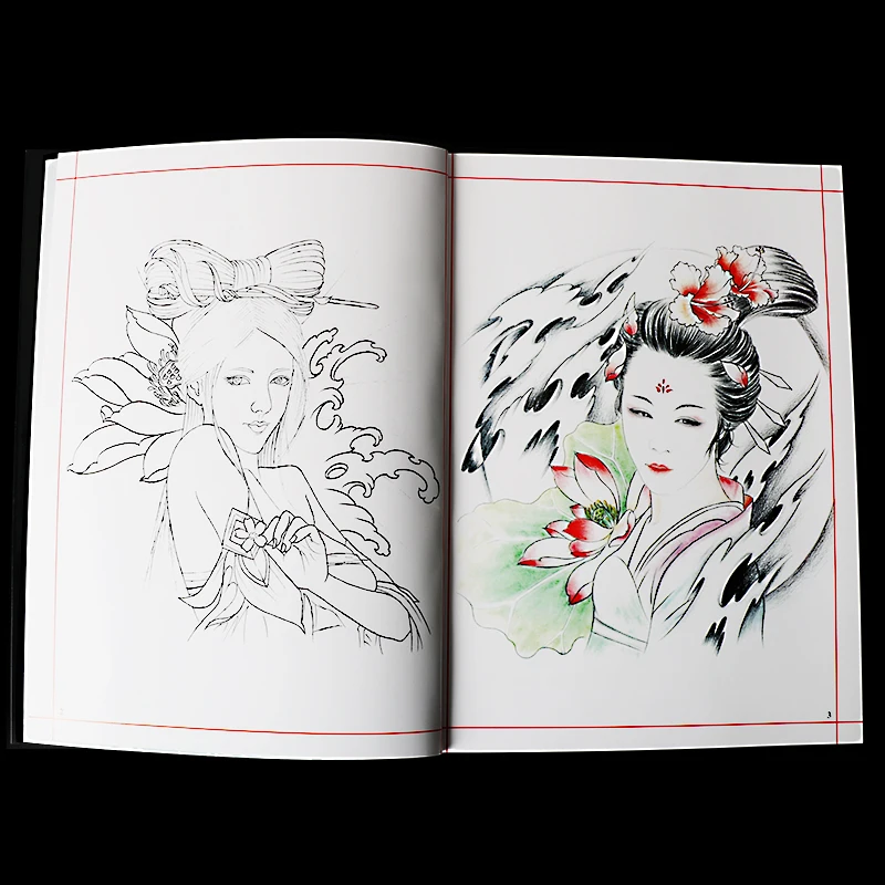 Livre de manuscrit de tatouage semi-continu, motif d'album, fleur de Geisha, bras de beauté de fille traditionnelle, petit, accessoires