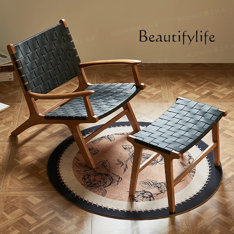 Retro single sofa chair solid wood with armrests leisure recliner small apartment saddle leather balcony rest chair household