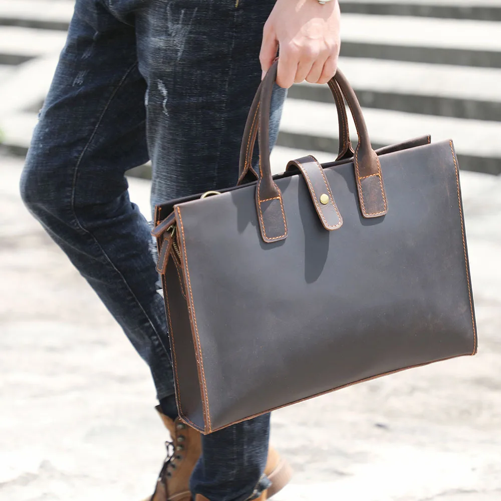 S.WORKER Handgefertigte Vintage-Leder-Aktentasche | Einfache Herren-Business-Handtasche 14" Laptop-Tasche – Detail 4