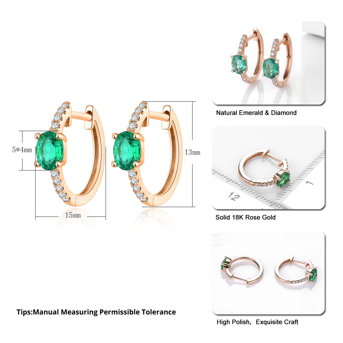 Lohaspie 18K Rose Gold Natural Emerald Diamond Earrings 0.6 Carats Genuine Gemstone Lovely Style Fine Jewelry for Birthday Gift