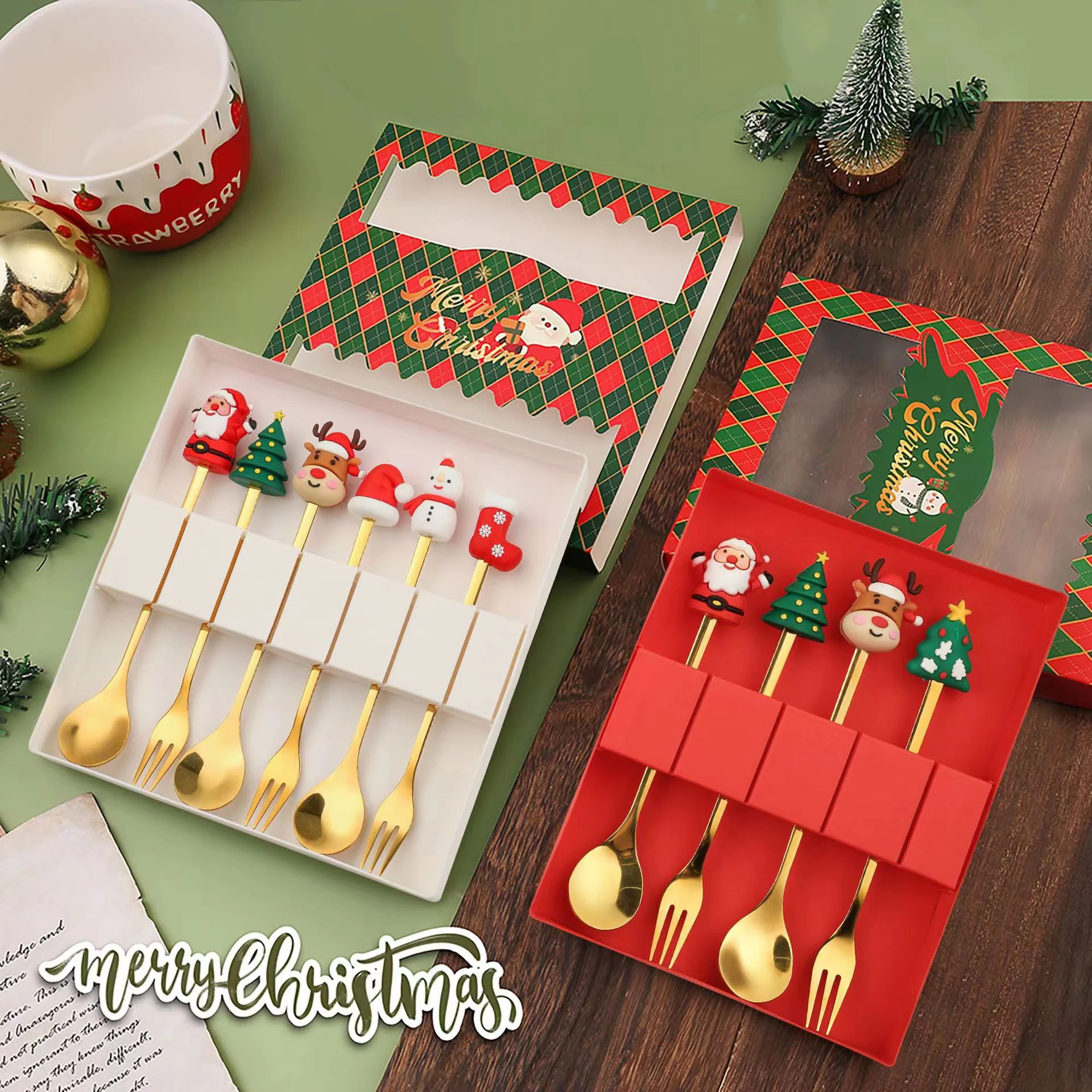 6 stücke Weihnachten Kaffee Löffel Gabeln Set Edelstahl Santa Claus Dessert Löffel Gabeln Weihnachts geschenke für Kinder Geschenk box Set