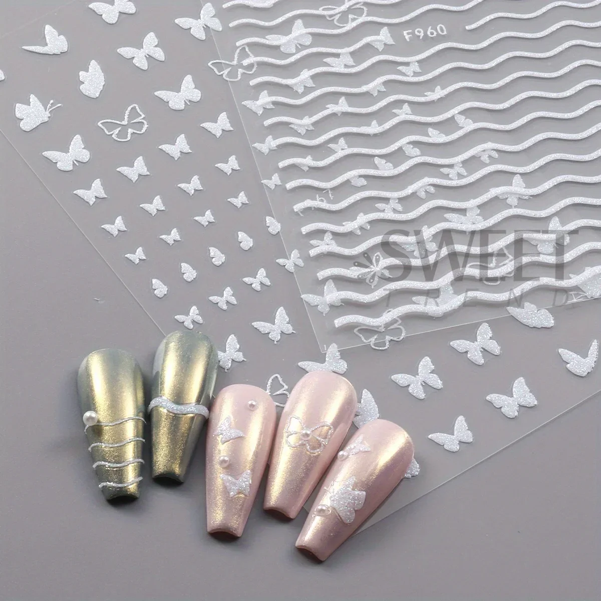 3 pezzi adesivi per unghie olografici glitterati Shimmer cuore bianco stella farfalla design decalcomanie 3D cursori tema kawaii manicure decor