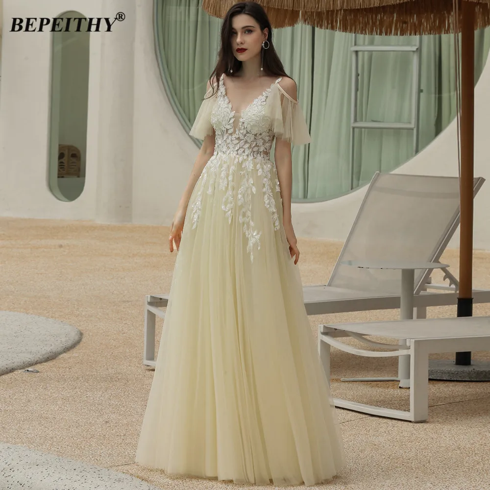 BEPEITHY Personalizzato A-Line Abito Da Sera Lungo di Lusso 2023 Pizzo Bianco Elegante Maniche Staccabili Abiti Festa di Nozze Per Le Donne