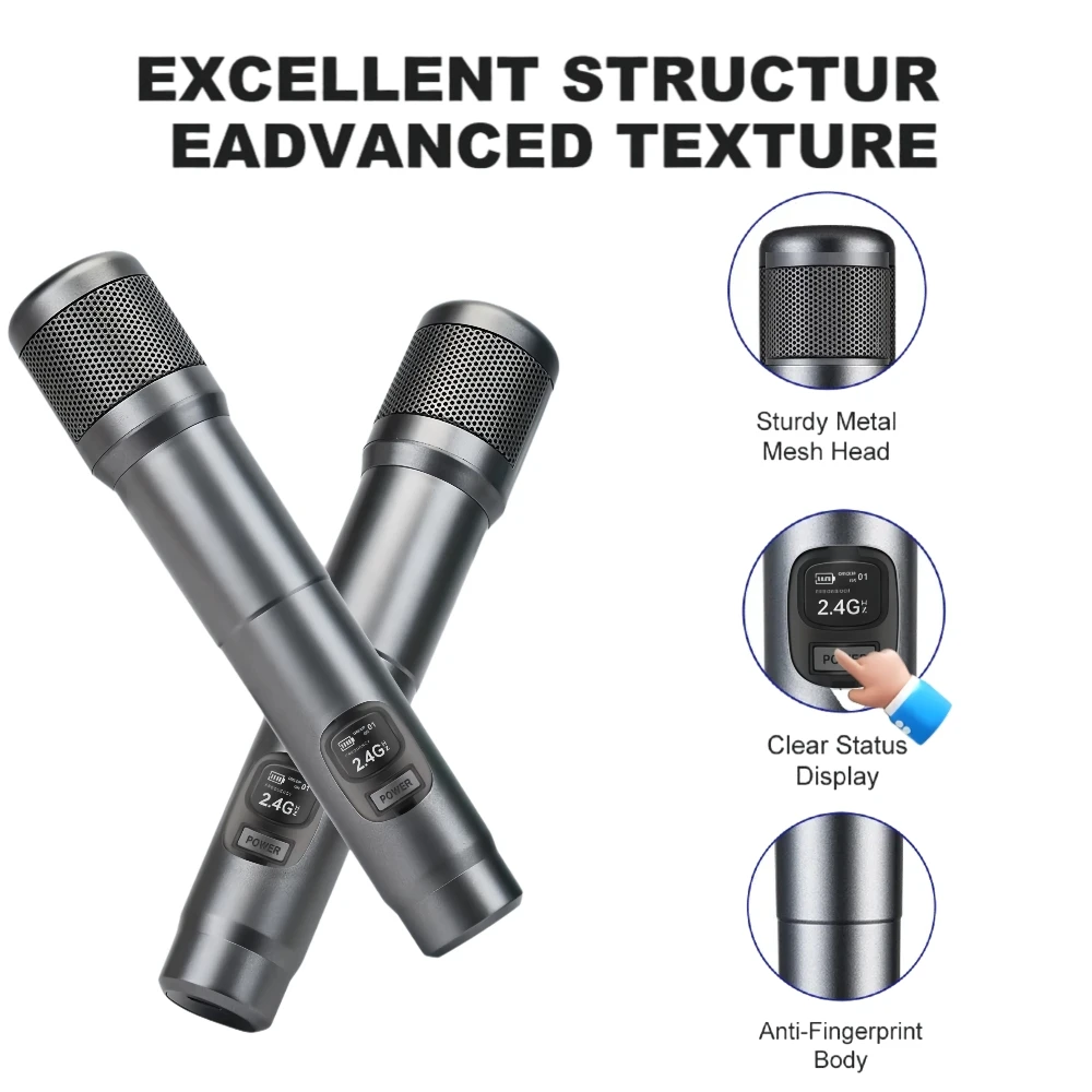 ميكروفون لاسلكي 2.4G 40H مع جهاز استقبال قابل لإعادة الشحن، ميكروفون محمول باليد بمدى 200 قدم لاجتماع عرض حفلات الكاريوكي والكنيسة