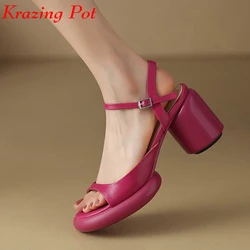 Krazing Pot Cow Leather Slingback Superstar Summer Shoes Buckle Straps Nightclub Retro Thick High Heels Maiden Women Sandals