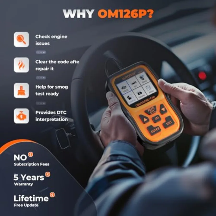 الماسح الضوئي OM126P+ Obd2 لتشخيص السيارات، قراءة وواضحة رموز خطأ المحرك، مراقبة البيانات الحية، تحضير اختبار الضباب الدخاني Com