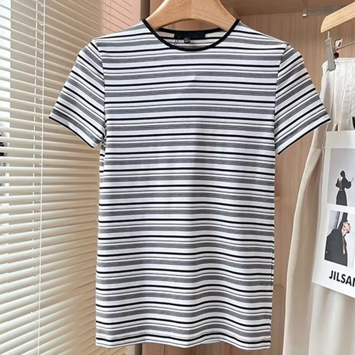 

Dave&Di Nordic Minimalist Striped Cotton T-shirt French Lazy Round Neck Casual Short-sleeved Summer T-shirt Women Puulover Tops