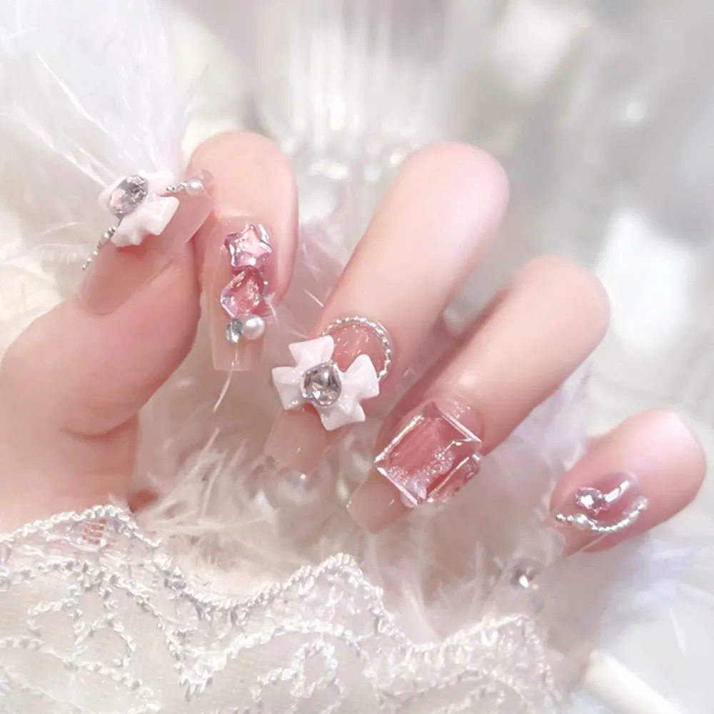 24Pcs/Lot Long Coffin False Nails with Bow Tie Rhinestones Nude Wearable Fake Nails DIY Full Cover Press on Nails Manicure Tips