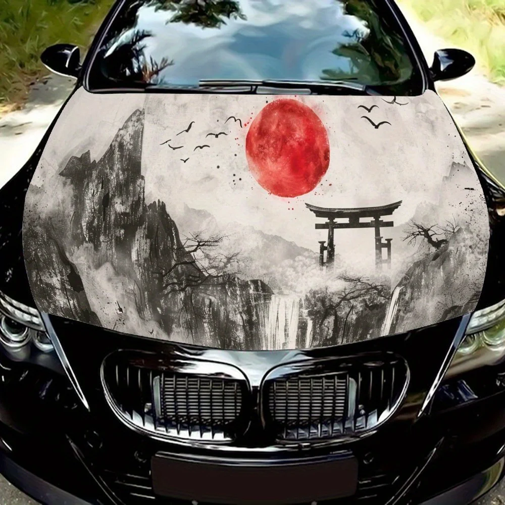 

Fantasy Japanese Shrine Flying Birds Red Sun Car Vinyl Wrap, PVC Waterproof Car Hood Sticker, Self-Adhesive Scratch-Resistant St