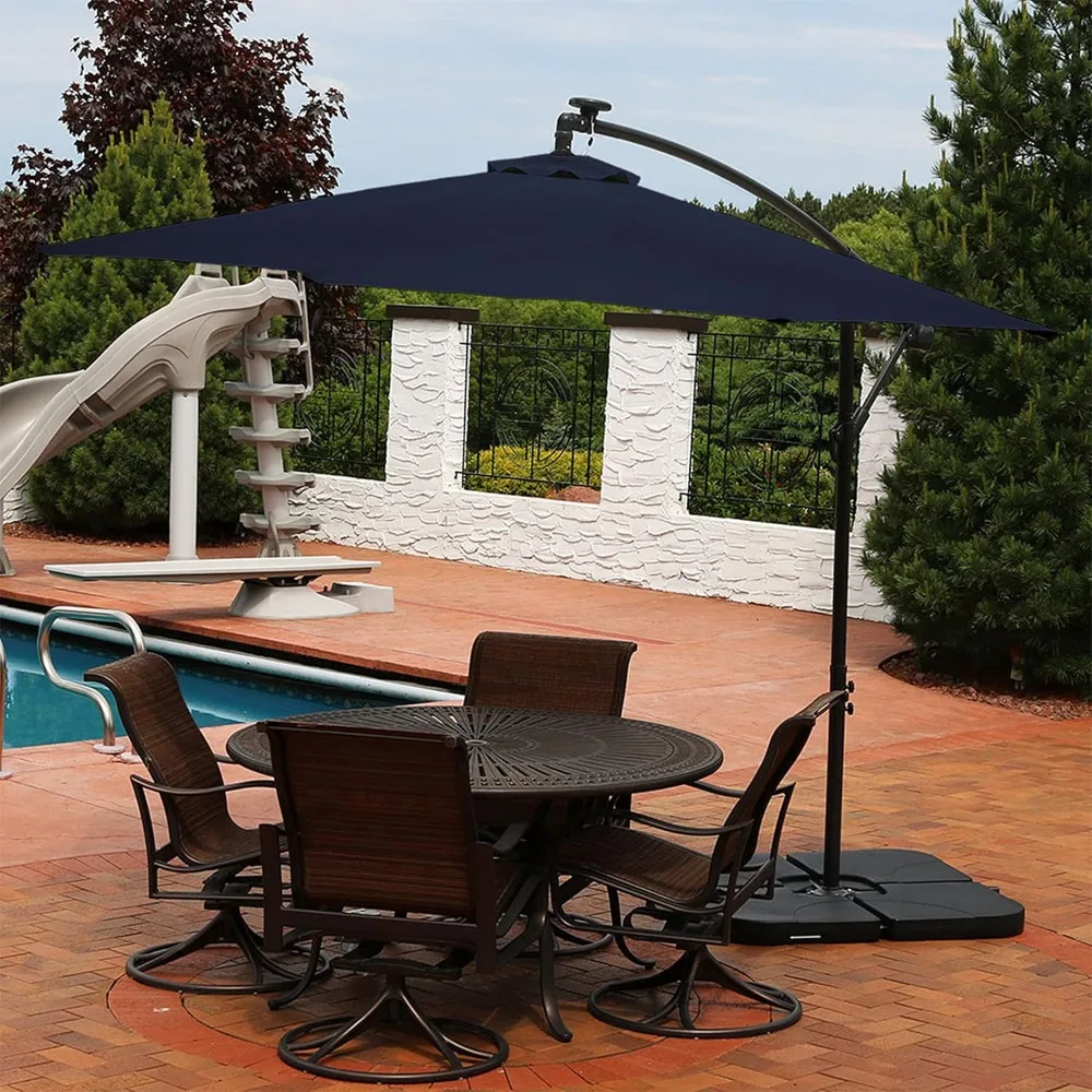 

10' Solar Offset Patio Umbrella, Solar Cantilever Umbrella Outdoor with LED Light, Polyester Shade, Customized