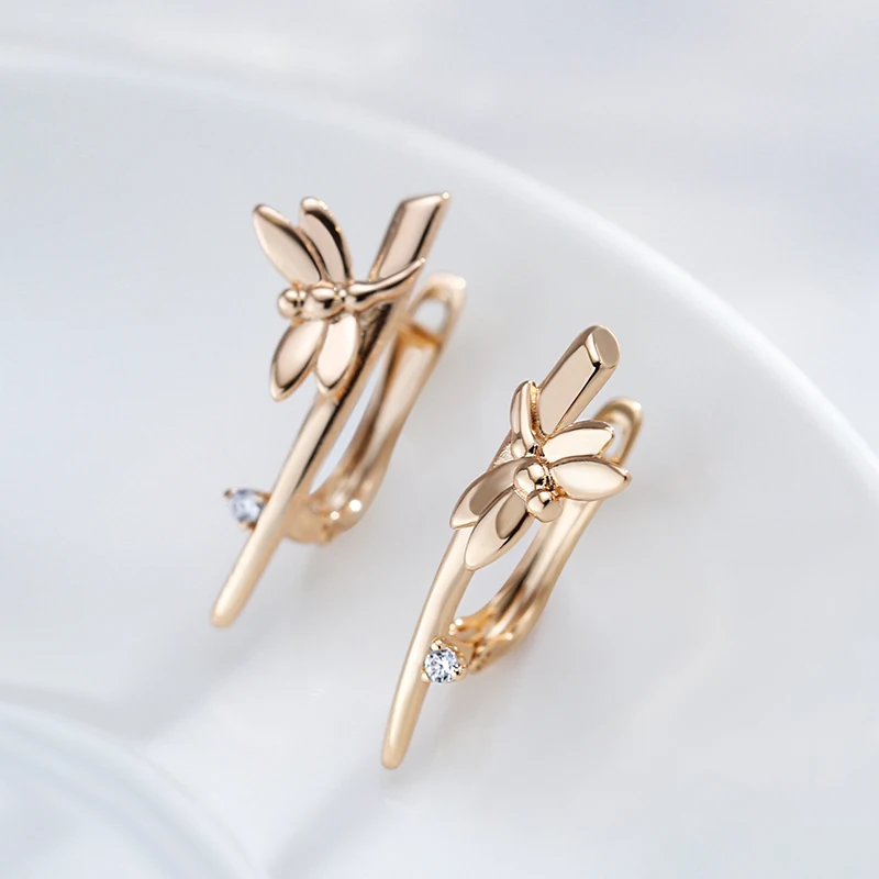 Kinel Fashion Glossy Dragonfly English Earrings for Women Simple 585 Rose Gold Long Drop Earrings Bride Wedding Daily Jewelry