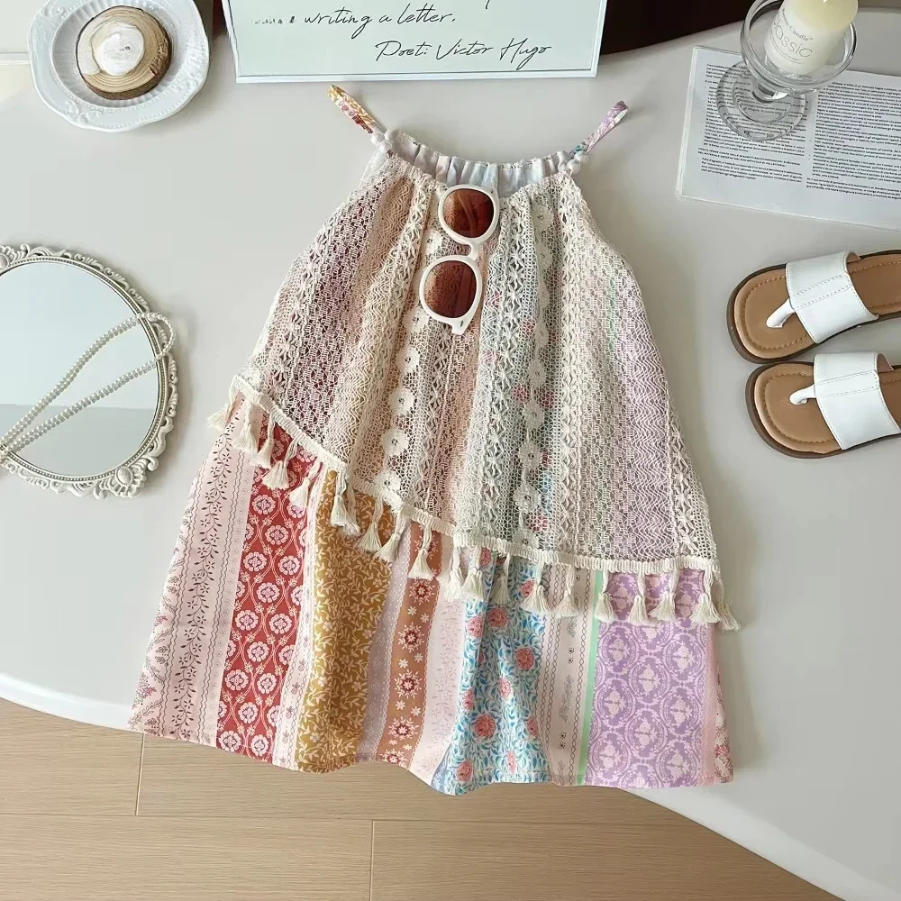 Girls Sleeveless Sweet Dress Korean Version New Summer Print Tassel Loophole Splicing Princess Dresses 3-7 Years Old Casual Wear