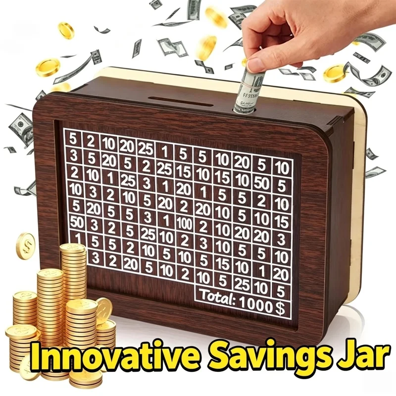 Wooden Savings Challenge Box Money Saving Jar Piggy Bank with Number Grid Budget Tracker Gift