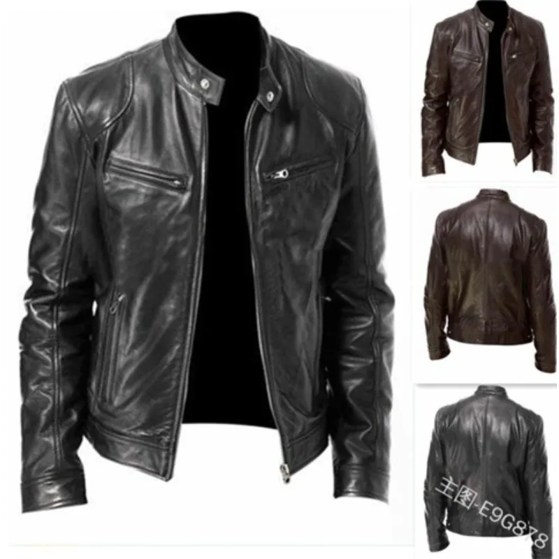 

Business Gentleman Winter Slim Fit Stand Up Collar Warm PU Leather Zipper Jacket with Pockets