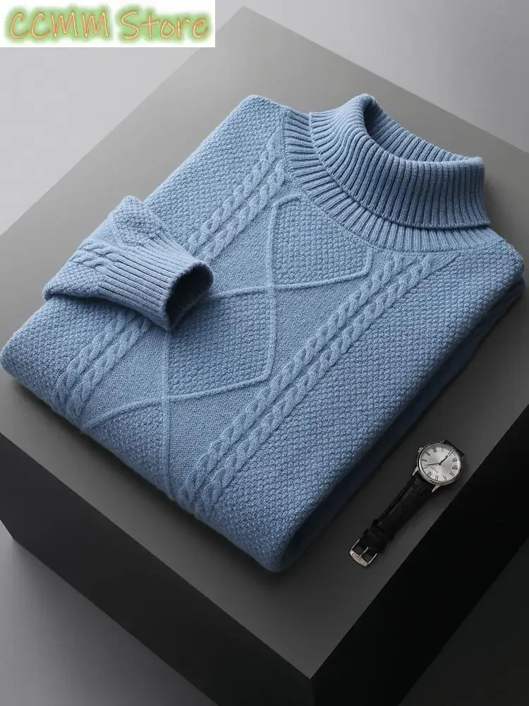 Men Turtleneck Cashmere Sweater Autumn Winter Thick Pullover 100% Merino Wool Knitwear Twist Flower Knitting Warm Casual Tops