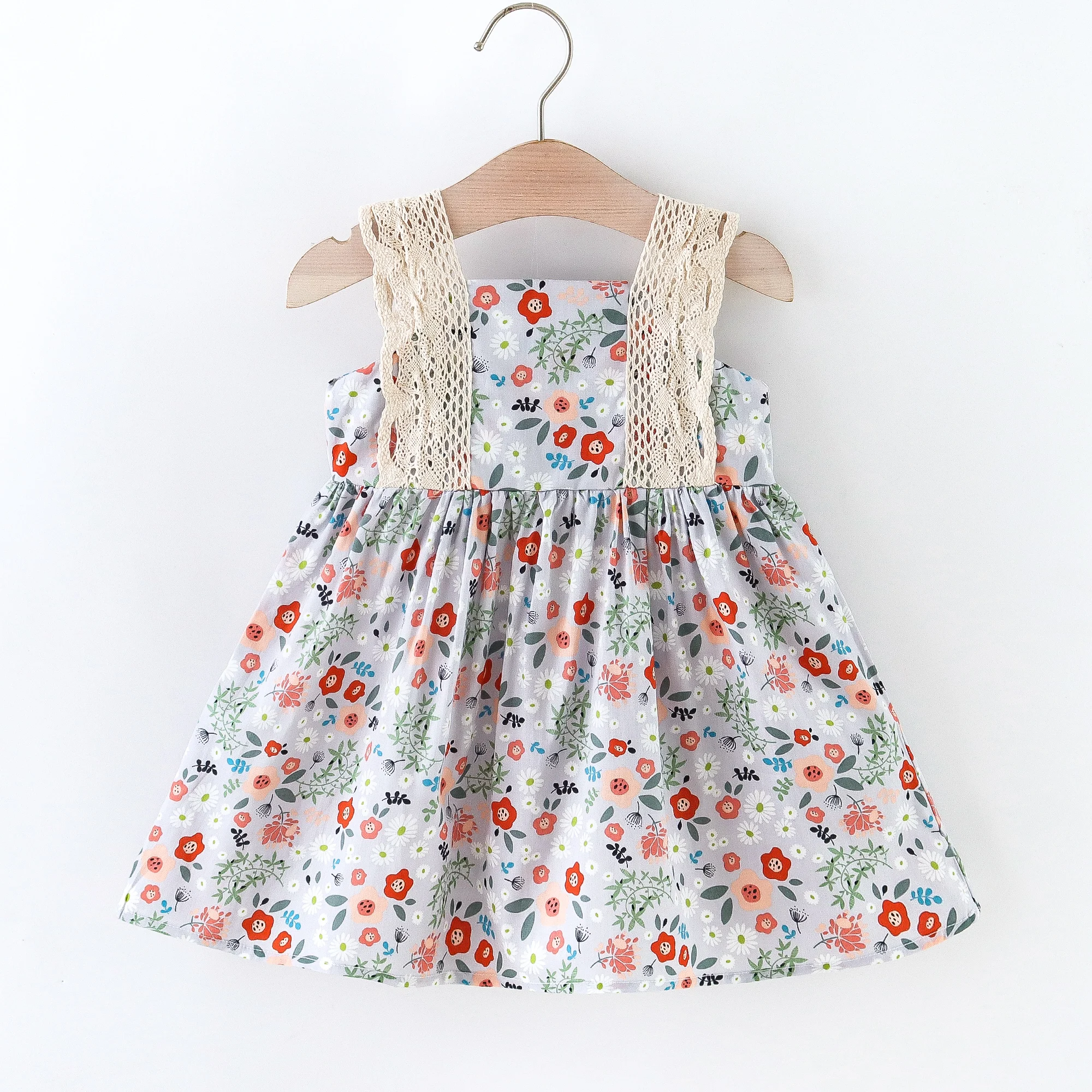 Korean Style Fashion Blue Floral Printed Baby Girl Dress Summer Casual Breathable Soft Toddler Beach Lace Suspender Dress