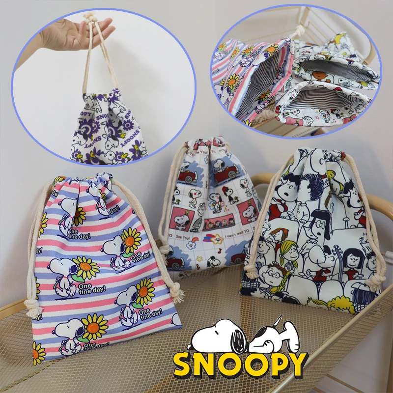 Snoopy borsa portaoggetti in lino di cotone con coulisse regalo Candy Jewelry Organizer monete cosmetiche portachiavi Cartoon Anime Travel Storage