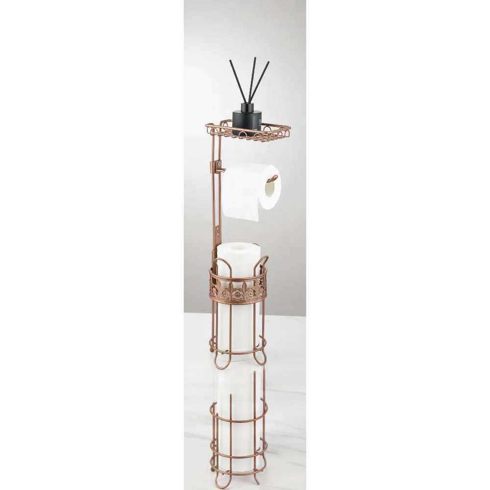 

Adjustable Height Toilet Paper Stand with Storage Shelf, Freestanding 4-Roll Dispenser for Bathroom, Red Copper