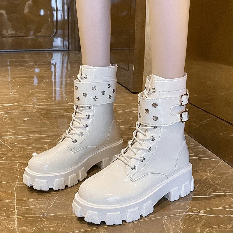 Women's Korean-Style Fashion Mid-Calf Riding Boots British-Style Motorcycle Boots Thick-Soled Glossy Riding Boots Cosplay Boots