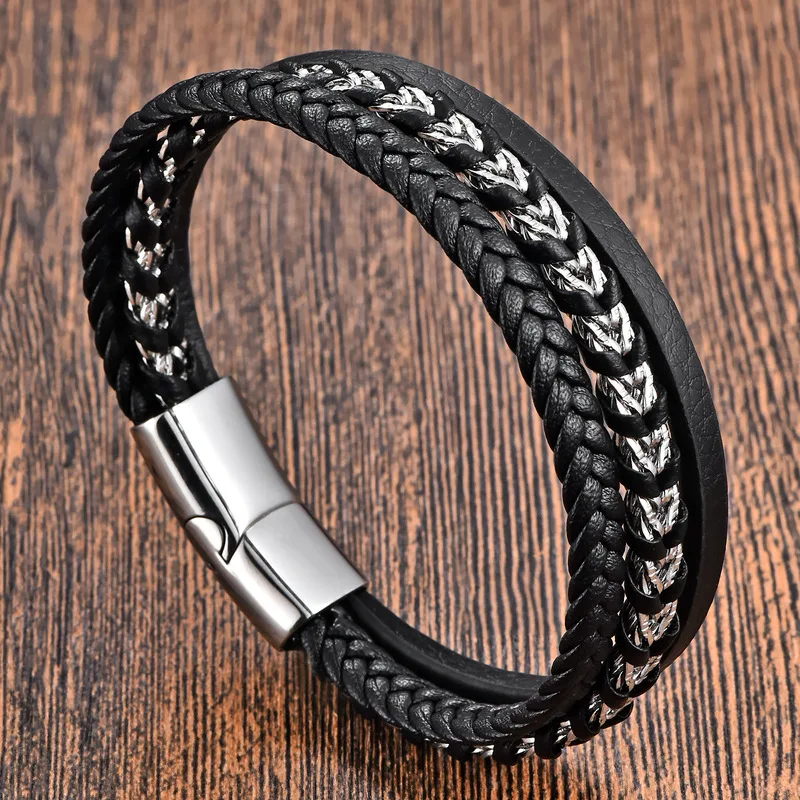 Genuine Leather Bracelet Minimalist Leather Wristband for Men Cowhide Bangle Original Jewelry Magnetic Clasp Chain