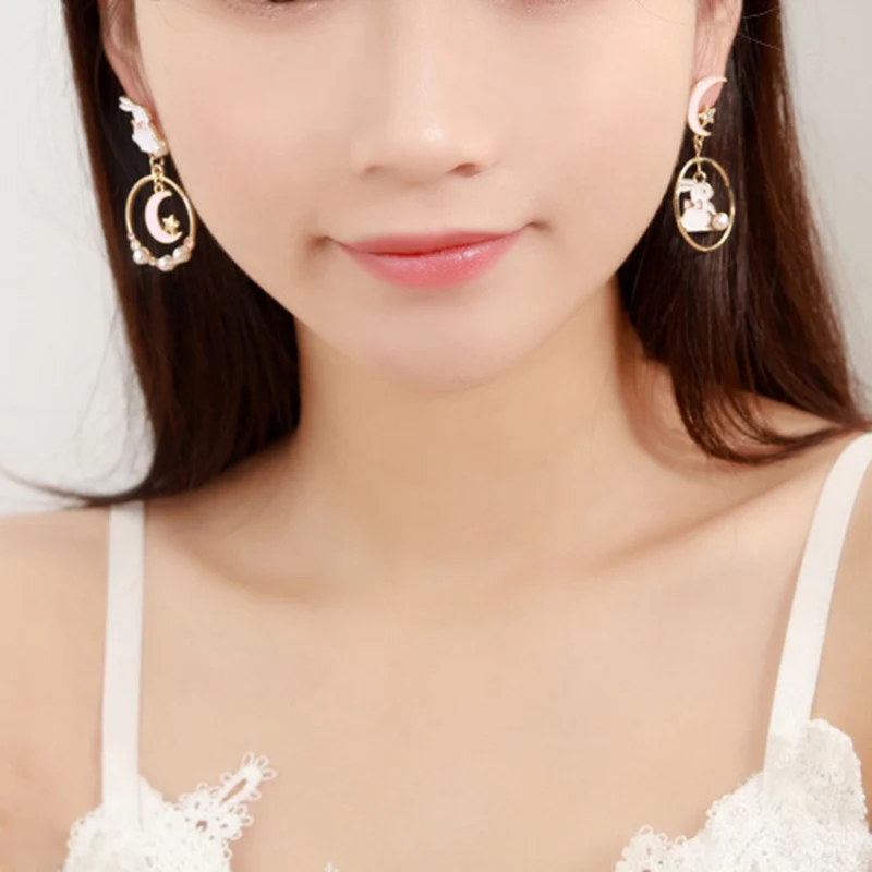 New 2022 Sweet Geometric Circular Drop Earrings for Women Long Asymmetric Fine Moon Rabbit Cute Fashion Earrings