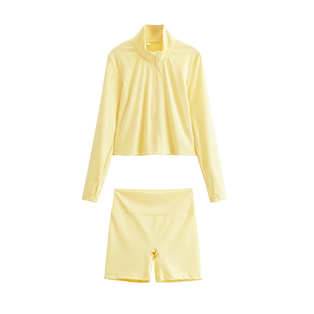 

Slim Jacket Shorts Sets Women Stand Collar Full Sleeve Zipper Top Seamless Hip Package Suits 2025 Summer Gym Yoga Outfits